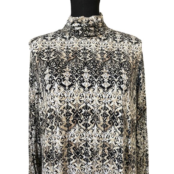 Investments Essentials XL Tunic Top Liquid Knit black white tan Print Long Sleev - Picture 3 of 8